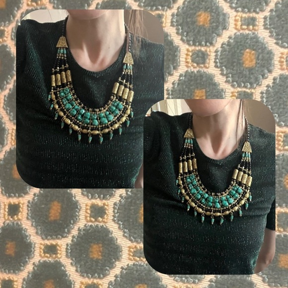 south africa 🇿🇦 boho turquoise black gold boho fringe statement necklace - Picture 4 of 12